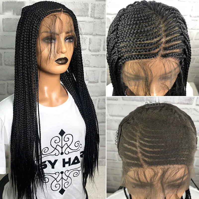 Synthetic lace front wig with long black braids, showcasing front, top, and interior views. Displays realistic hairline and versatile styling options for various face shapes.