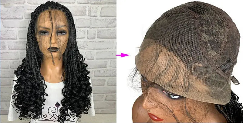 Synthetic lace front wig with black braided hairstyle, featuring long curly ends and adjustable cap. Side-by-side image showing full wig and close-up of lace front construction. Versatile medium-long length suitable for various face shapes.