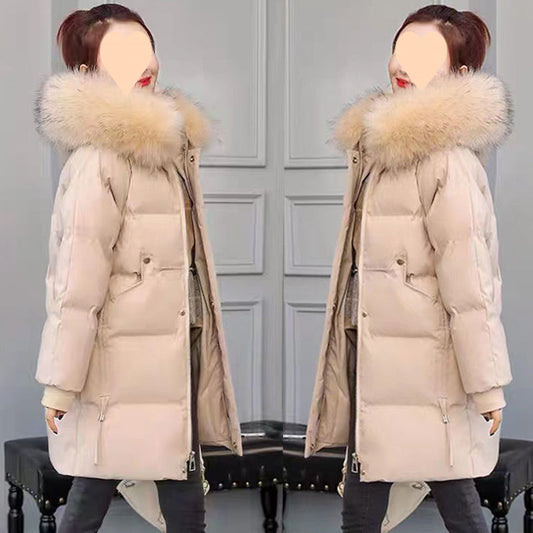 Hooded Large Fur Collar Slim Fit Thick Mid-length Cotton-padded Jacket