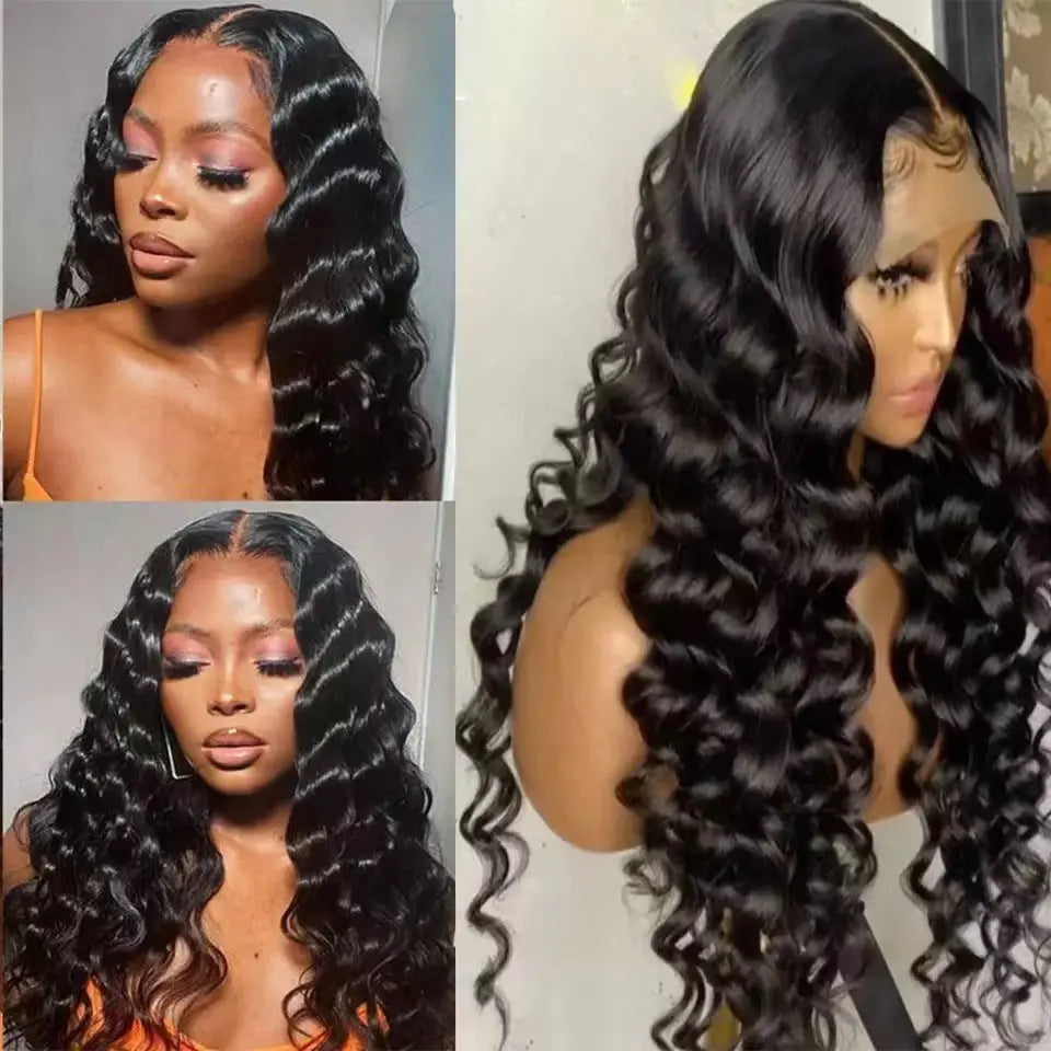 Long curly black lace front wig with voluminous waves, shown in three styles on models, showcasing versatility and natural-looking hairline for 134 Lace Wig Wave Wigs Front Lace product