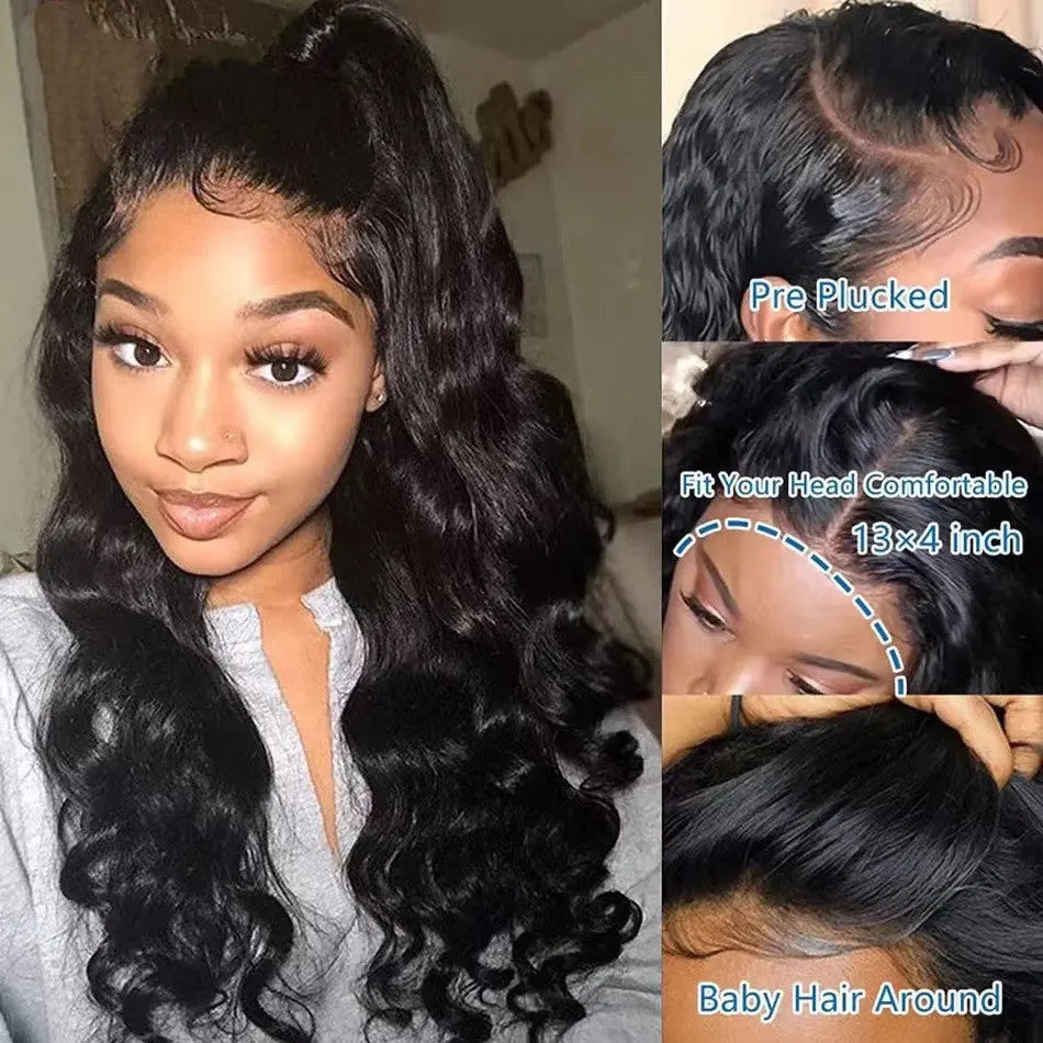 Long wavy black lace front wig with pre-plucked hairline and baby hairs. Multiple images showing wig details including 13x4 inch lace, comfortable fit, and natural-looking hairline. Versatile style suitable for various lengths and face shapes.