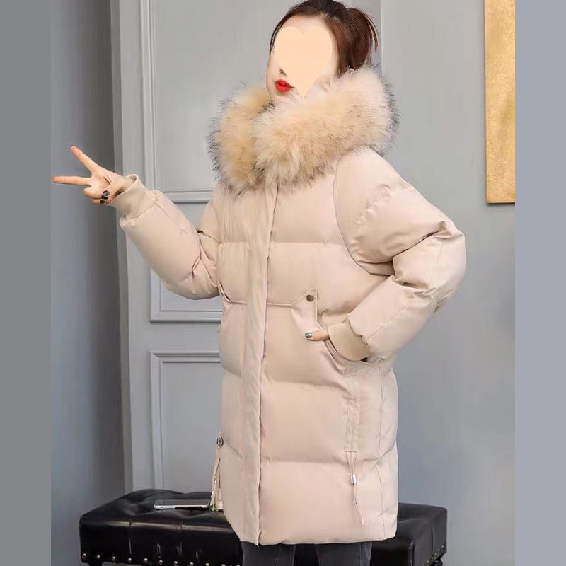 Hooded Large Fur Collar Slim Fit Thick Mid-length Cotton-padded Jacket