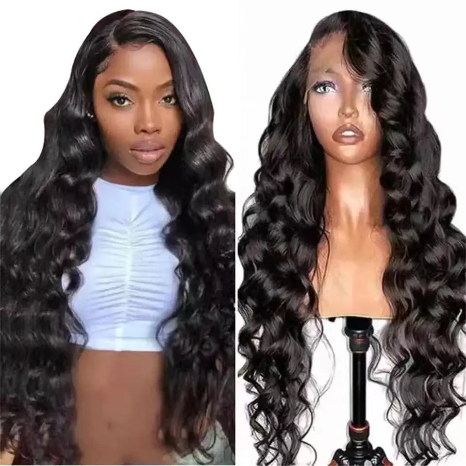 Long black wavy lace front wigs with natural-looking curls, showcasing versatile styling options for various lengths and face shapes