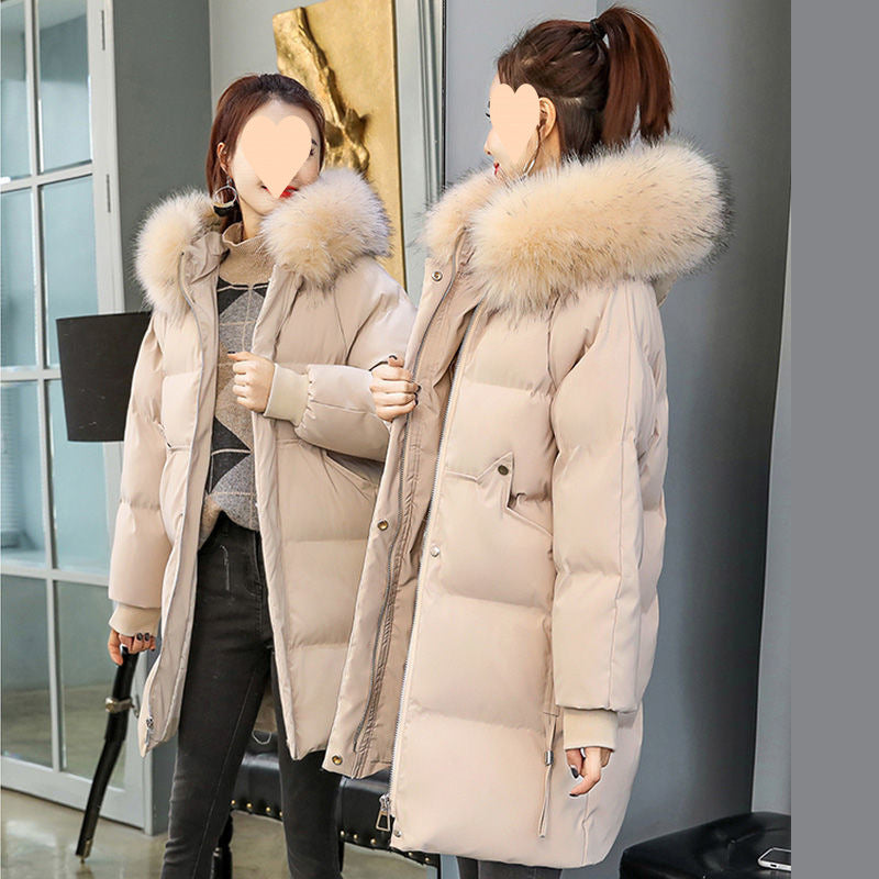 Hooded Large Fur Collar Slim Fit Thick Mid-length Cotton-padded Jacket