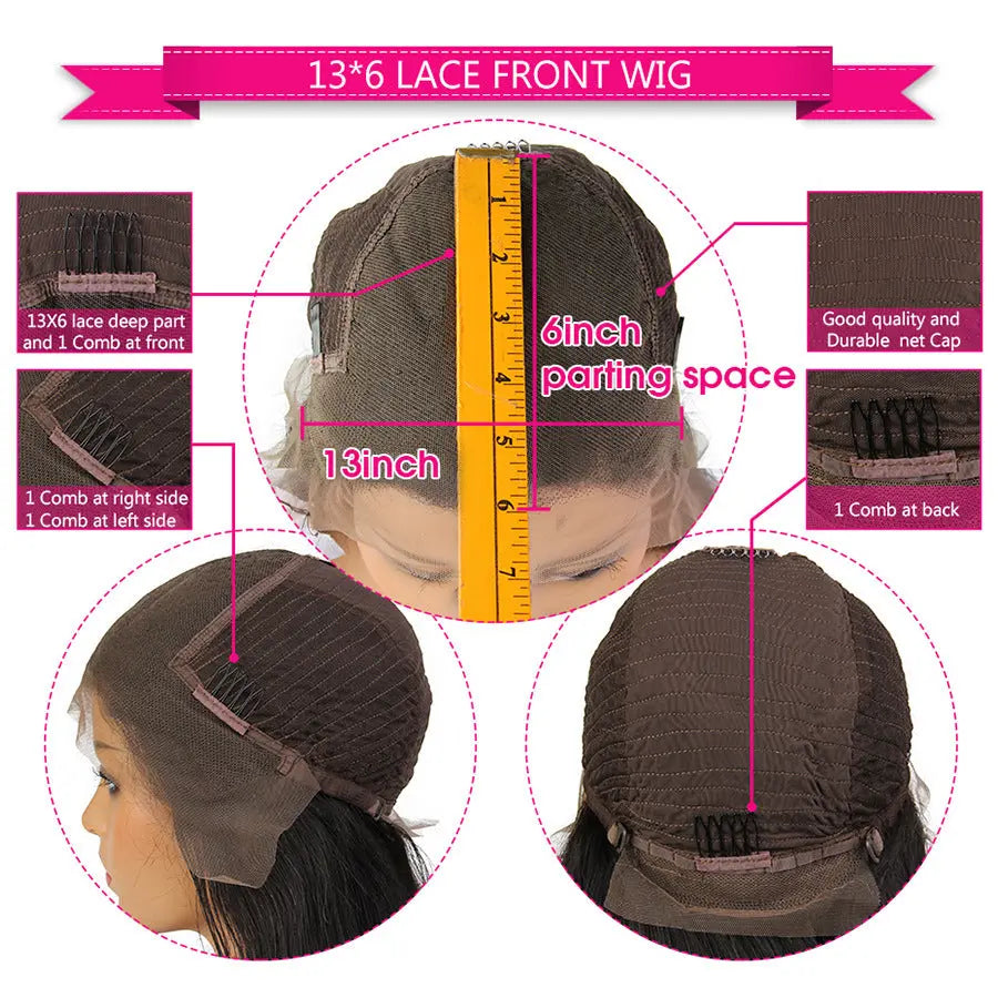 13x6 lace front wig details showing 13inch parting space, 6inch ear to ear lace, combs placement, and net cap quality. Multiple angles displaying wig construction and measurements for synthetic braided black wig.