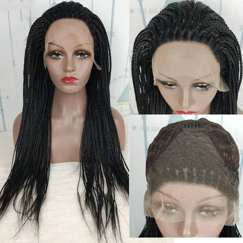 Synthetic lace front wig with long black braids, shown from multiple angles including front view, side view, and lace cap detail, displayed on mannequin heads against white background