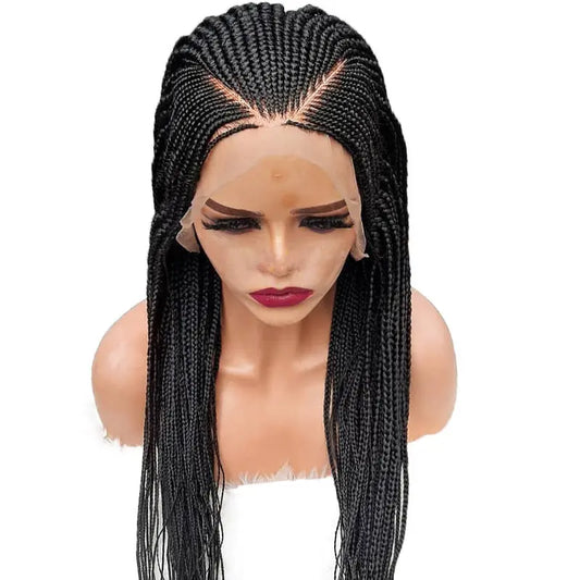 Black synthetic lace front wig with long braided hairstyle, featuring a 13x6 parting and intricate cornrow design at the front. Medium to long length, suitable for various face shapes.