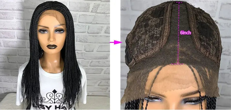 Synthetic lace front wig with medium-long black braids, showcasing the 13x6 lace construction and 6-inch parting space. Side-by-side images display full wig and close-up of lace cap interior, demonstrating quality and versatility for various face shapes.