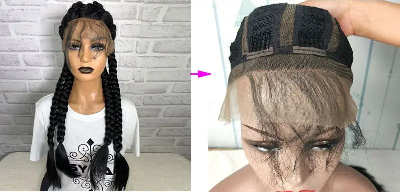 Synthetic lace front wig with black braids, side-by-side comparison showing full wig and interior cap construction, demonstrating versatility and quality of 13x6 braided wig for various face shapes