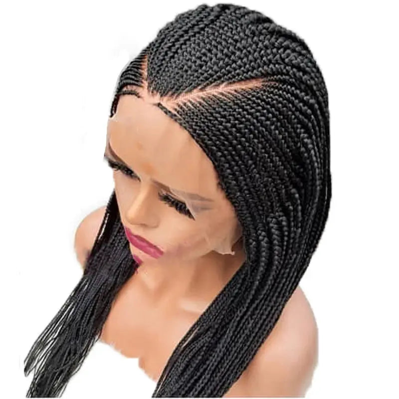 13x6 synthetic lace front wig with black braided hairstyle, medium-long length, showcasing intricate cornrow pattern and sleek, straight braids falling past shoulders, suitable for any face shape