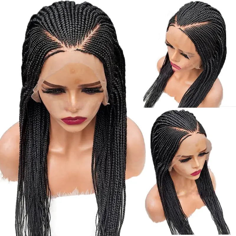 Synthetic lace front wig with black braided hairstyle, medium-long length, shown from multiple angles on mannequin heads. Detailed cornrow pattern with central part and sleek, straight braids falling past shoulders.